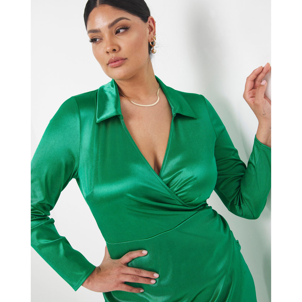 Green Stretch Satin Wrap Front Dress UK12