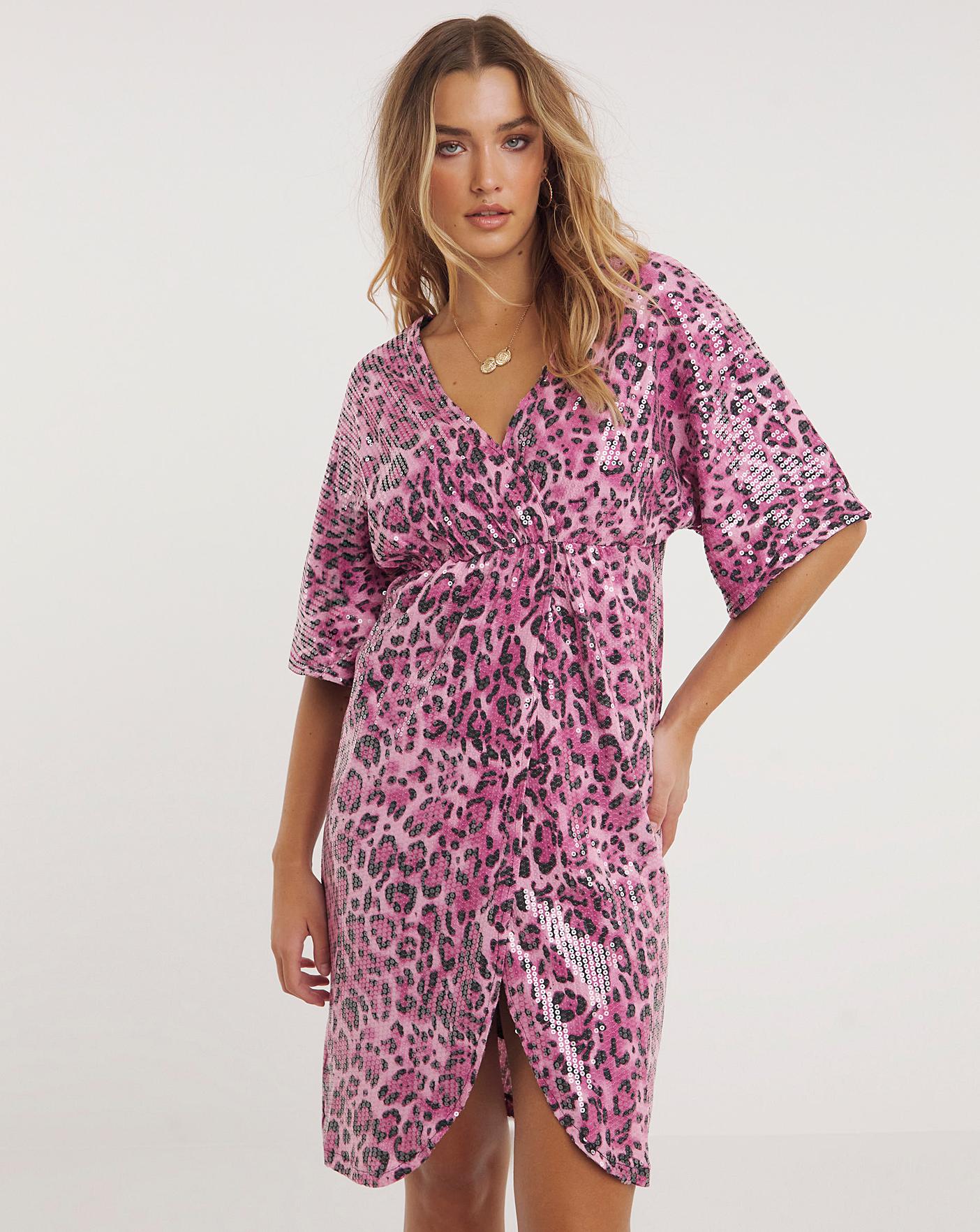 Pink Leopard Print Sequin Wrap Dress UK20