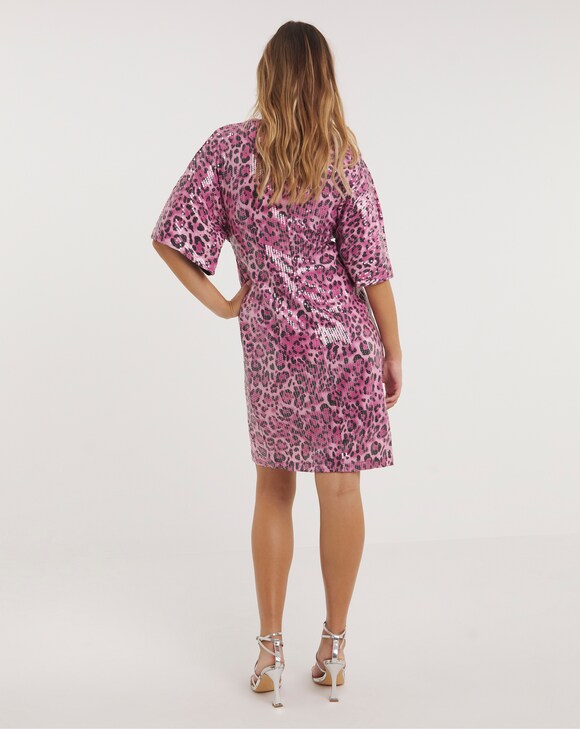 Pink Leopard Print Sequin Wrap Dress UK20
